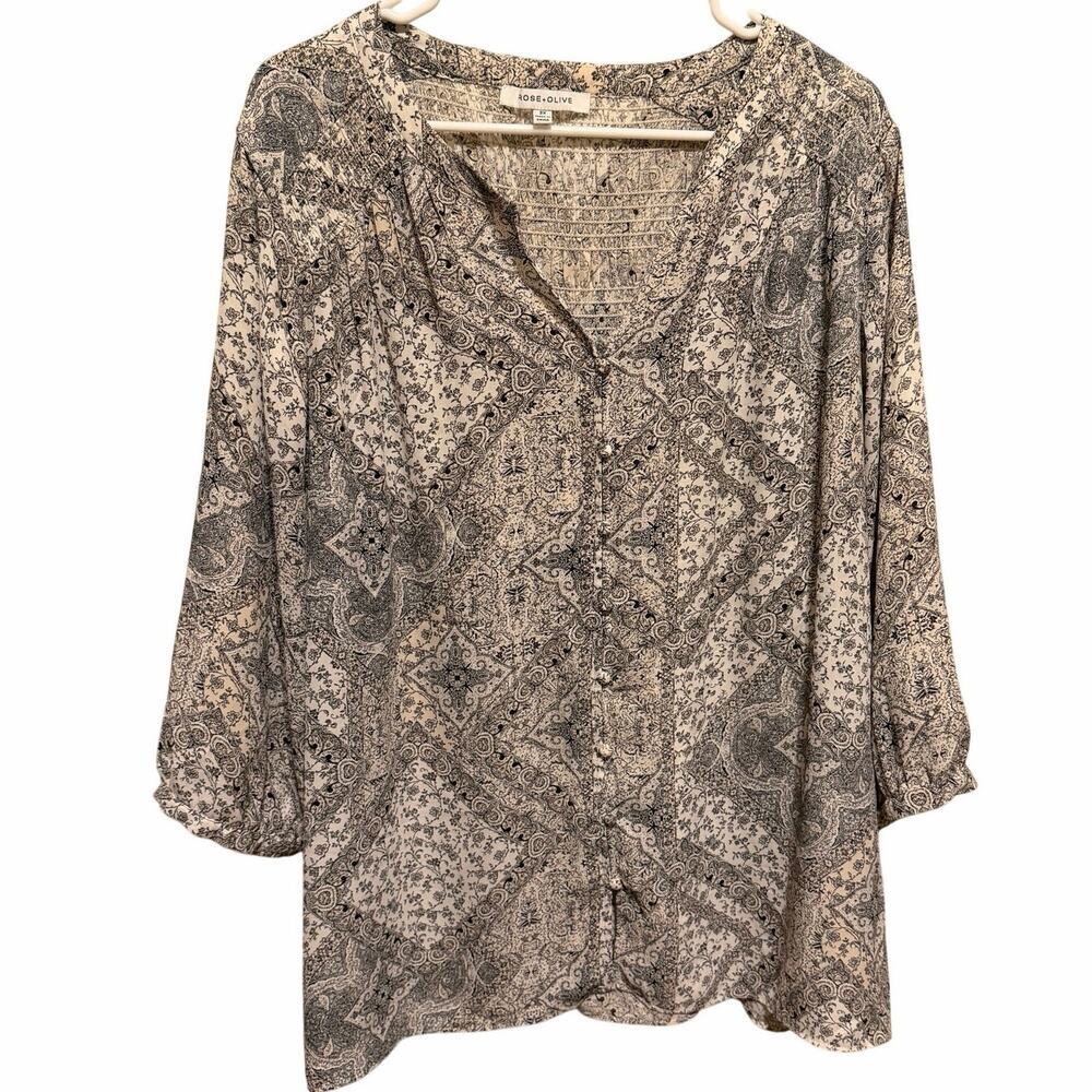 Rose + Olive Black Whote 3/4 Sleeve Blouse Top V-Neck Romantic Boho Plus Sz 2X